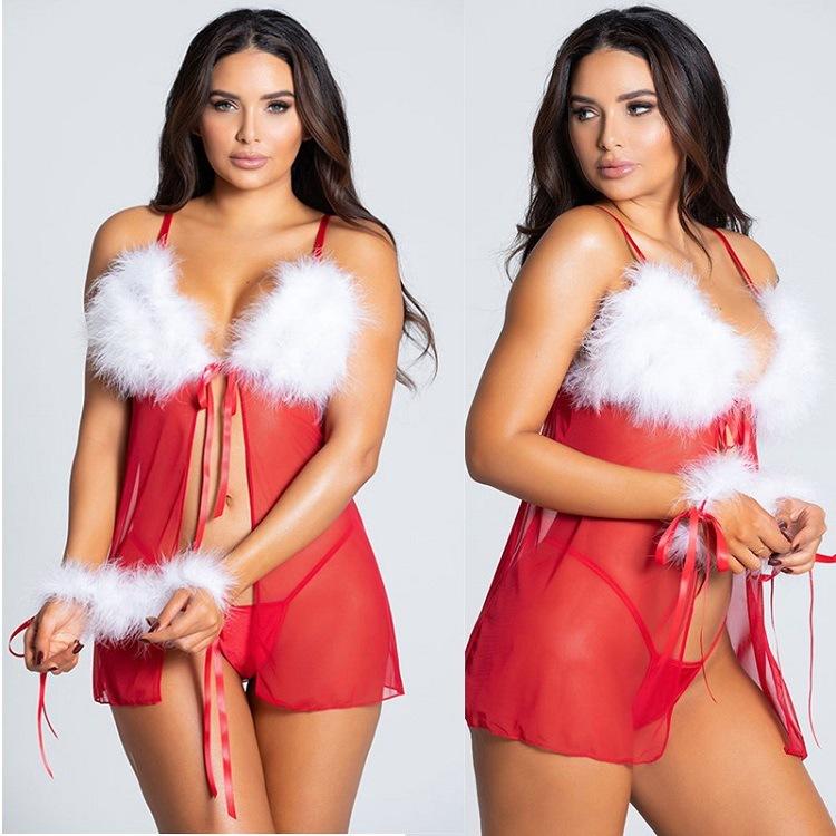 Women's New Christmas Sexy Deep V Split Perspective Wool Net Yarn Handcuffs Sexy Lingerie