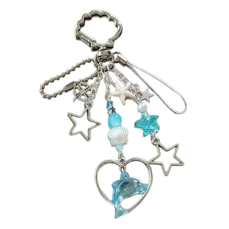 Beautiful Blue Dolphin Clovers Shell Beaded Keychain Handmade Accessory Stylish Key Holder Gift For Friend
