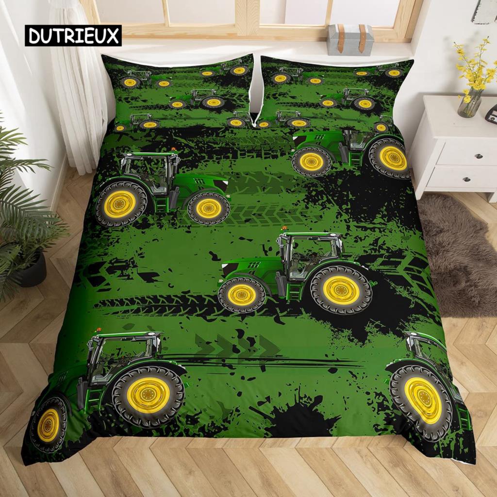 LKW Bagger Bettbezug Set Queen Size für Kinder Kinderzimmer Cartoon Traktor Baufahrzeug Konstruktionsthema Bettwäscheset