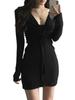 Coco Yuka Tight Sexy Mini Dress with Long Open and Ribbon Size & Women's V-Neck Sleeves, Knit, Neck, (Black, M)