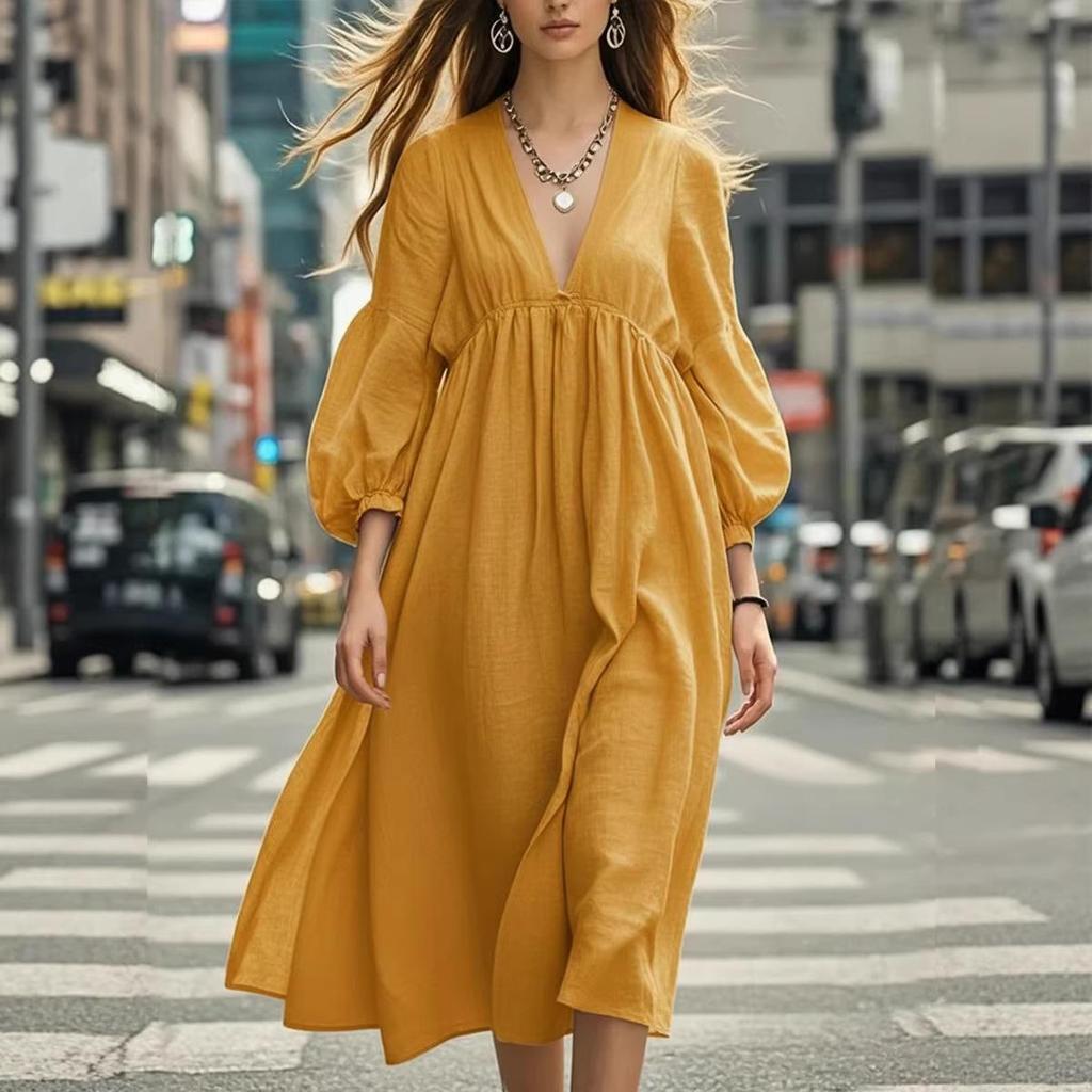 European & American Spring/Summer Women's Casual Lantern Sleeve Maxi Dress