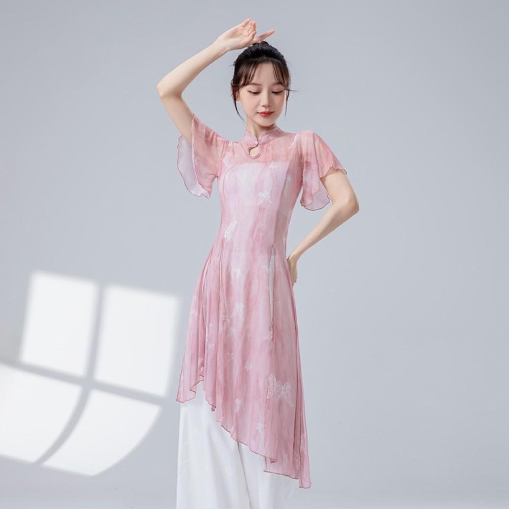 Cheongsam Neck Classical Dance Top Split Hem Dance Mesh Top Fashion Performance Dancewear Women