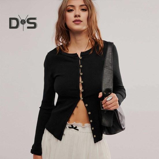 Женские трикотажные топы с круглым вырезом и длинным рукавом — фото 7