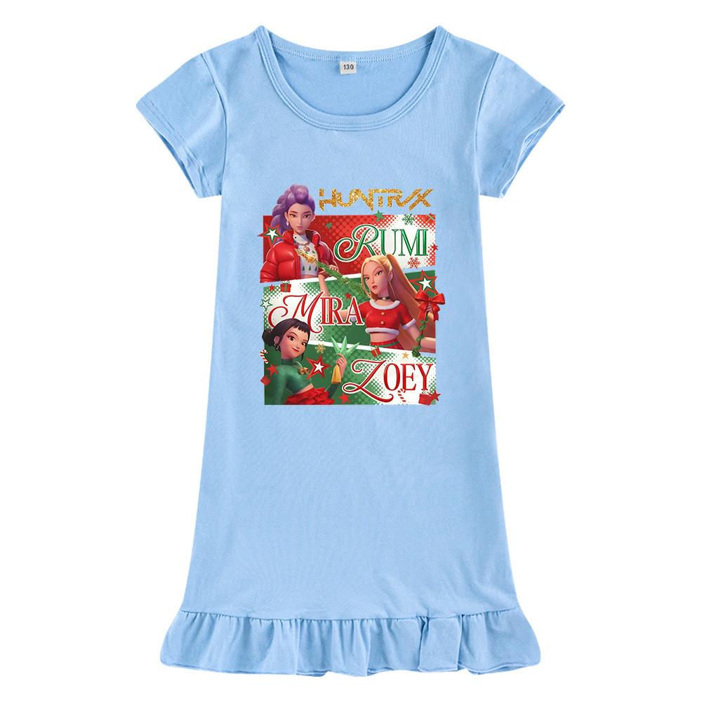 M1264 Kids Girls Christmas New Year Kpop Rumi Zoey Mira Print Short Sleeves Ruffle Dress
