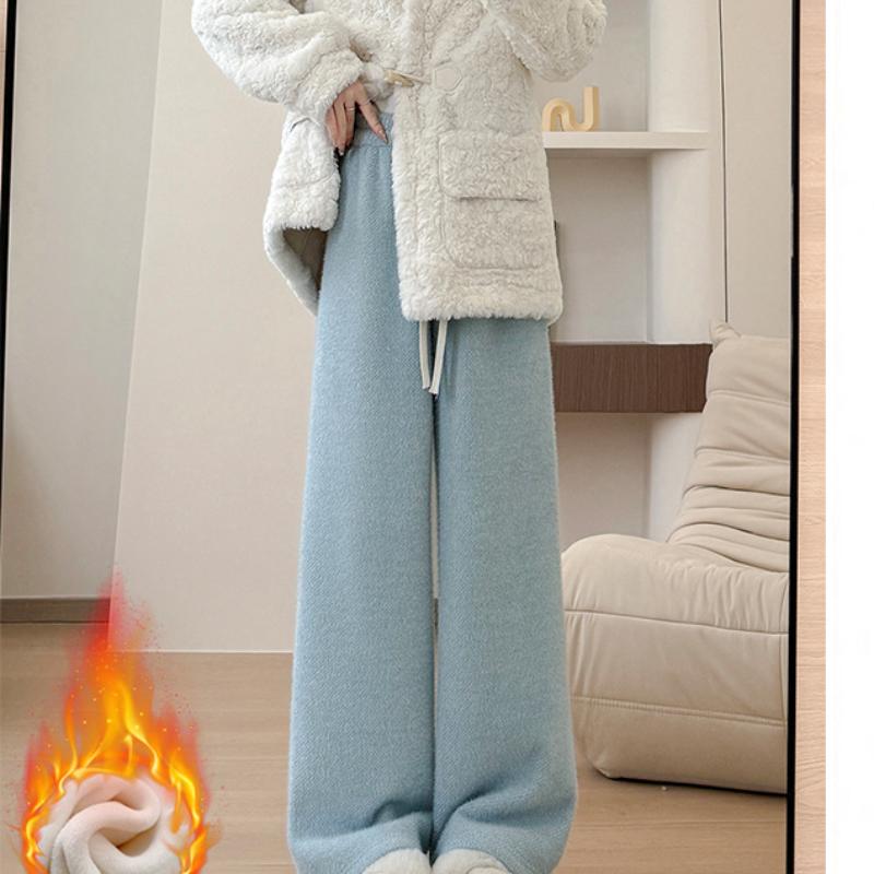 Mink Vel Wide-leg Pants for Women In Autumn and Winter New Knitted High-waisted Draped Glutinous Rice Pants Straight-legged Slim and Lazy Plush Pants
