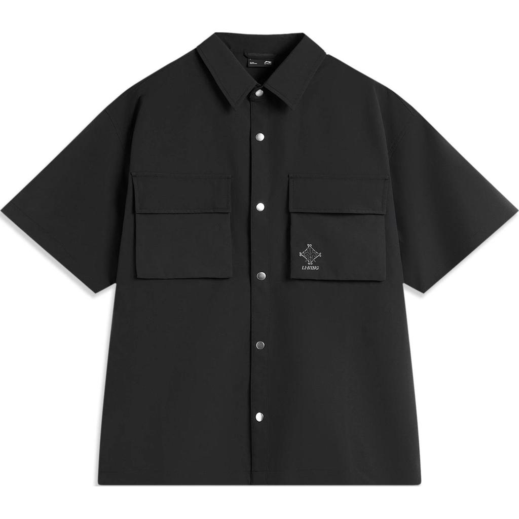 Li Ning Sports Lifestyle Serie Einfarbig Knopf Bequem Atmungsaktiv Polo Locker Kurzarmhemd Herren Hemden Schwarz ASHU239-2