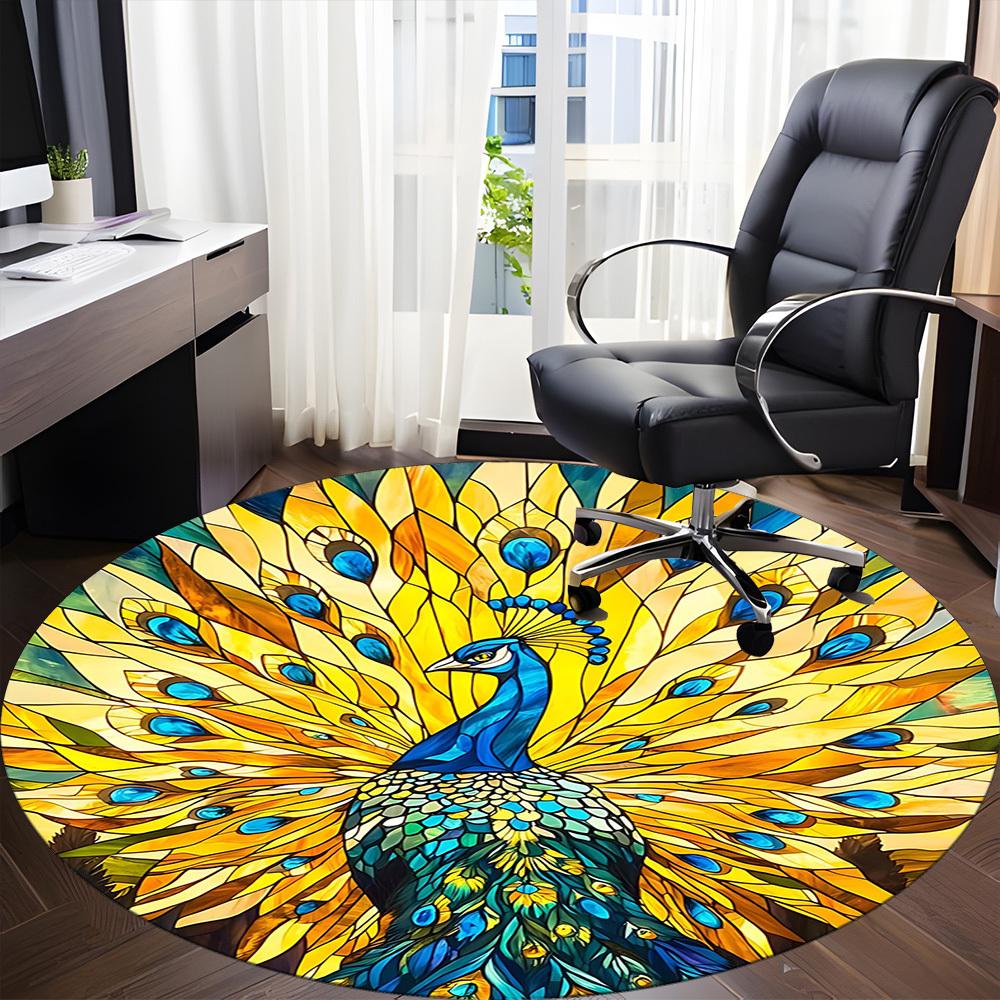 1PC Peacock StainedGlass Office Round Area Rug, Mat Suitable For Office, Under Office Chairs Bedroom Living Room Home Decor, Room Deco