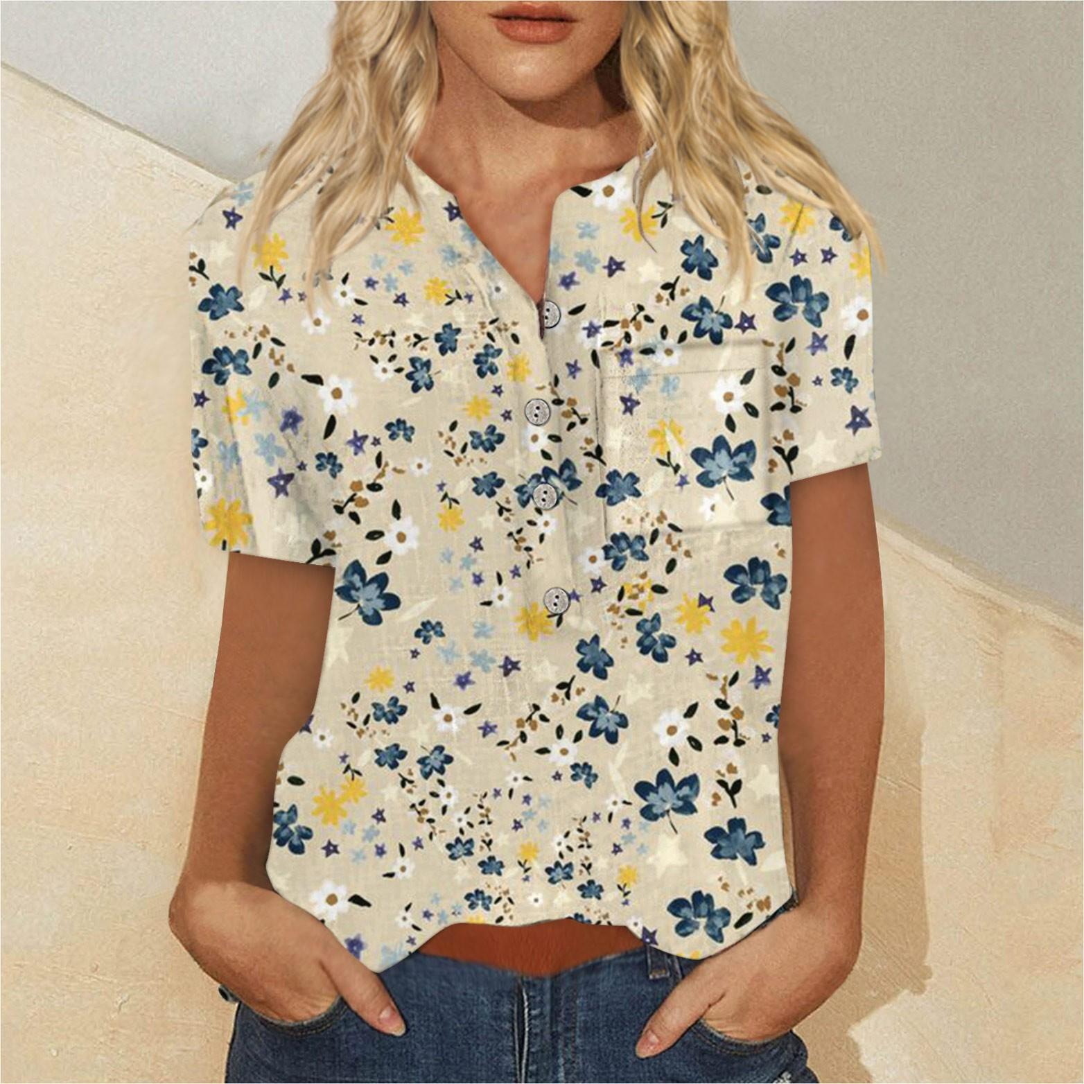 

Женская мода с принтом и пуговицами нагрудный карман с короткими рукавами Рубашка Блузка XL жёлтый