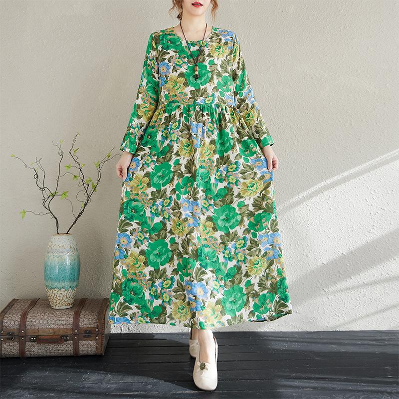 Early Spring Floral Vacation Style Travel Round Neck Retro Long Dress for Women Long Sleeved Vintage Dresses