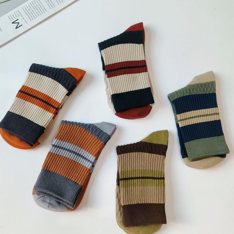 Men's Double-Needle Striped Mid-Calf Socks - Thick Warm Cotton for Autumn/Winter