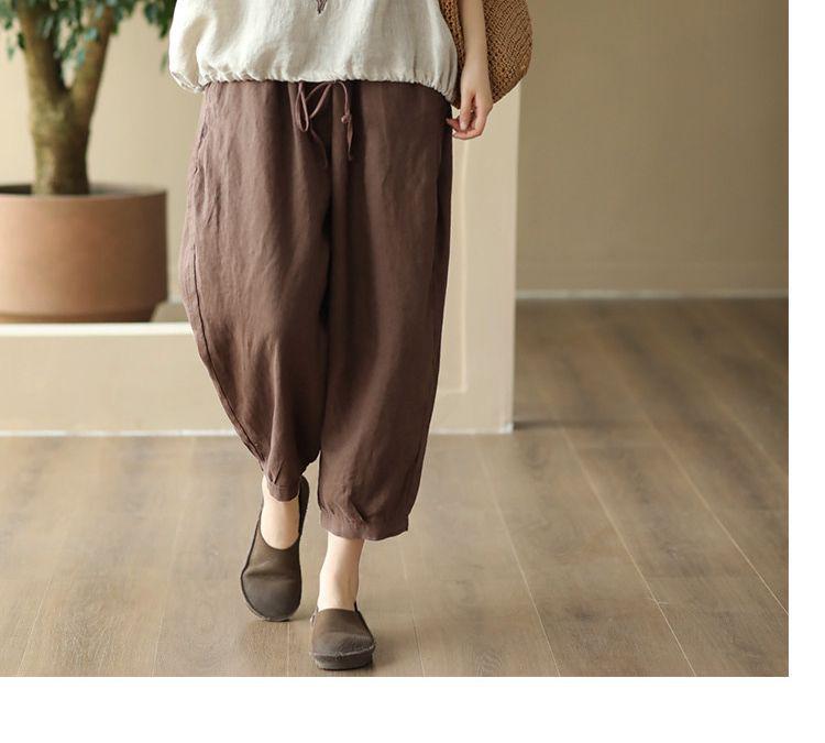 Pantaloni a Nove Punti Retro a Gamba Larga in Cotone e Lino con Vita Elasticizzata per Taglie Forti