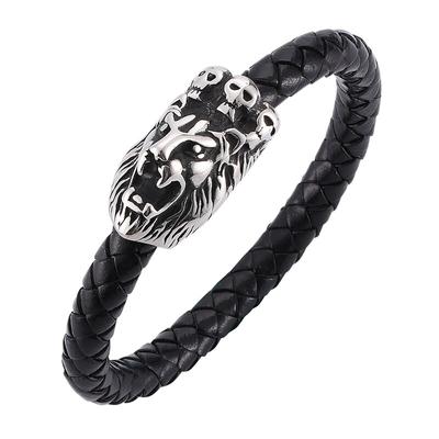 Lion Head Bracelet Of Men Stainless Steel Buckle Bracelet Black Leather Rope Bangle Punk Male Wrist Band Gift