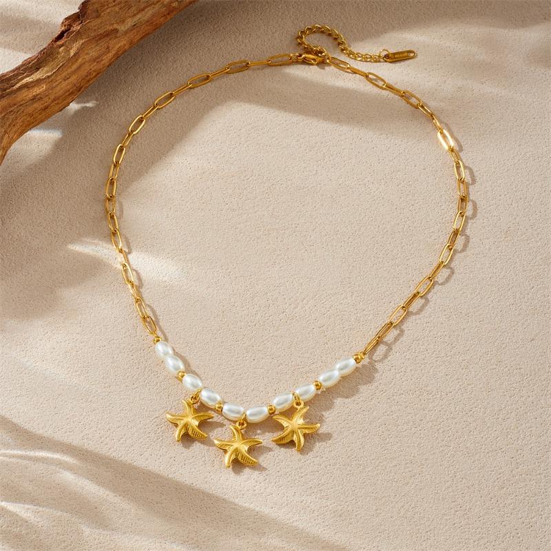 Gold Starfish Pearl Necklace Paperclip Link Chain Choker for Women Beach Theme Jewelry золотой