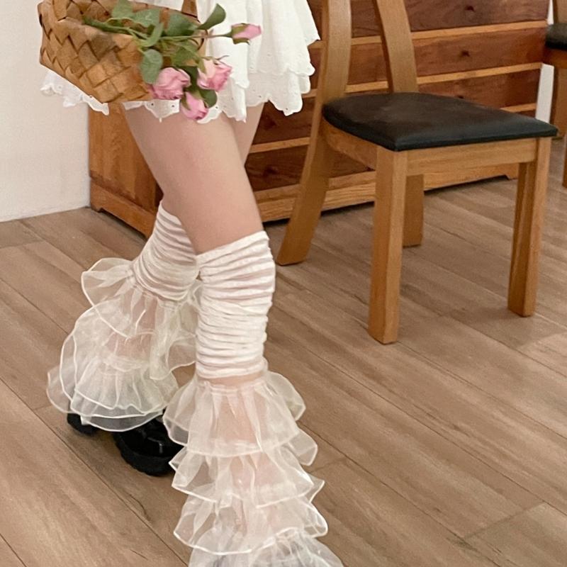 Women Girl Summer Sweet Cool Pile Sock Solid Color Lacy Hem Knee Length Stocking Women Girl OOTDs Wearing for Daily