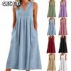 Fashion Summer Spring Solid Color Print Sleeveless V-Neck Casual Dresses