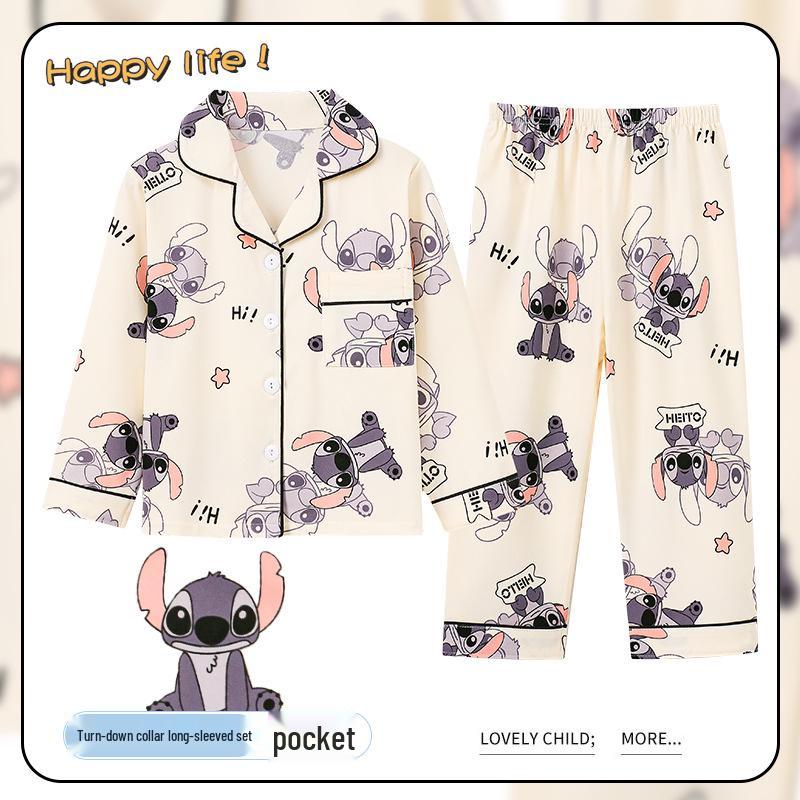 Spring & Autumn Cotton-Feel Girls' Cardigan Pajama Set - Long Sleeve & Pants