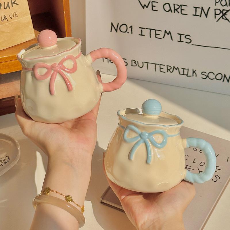 High-value Bow Ceramic Mug, New Couple Water Cup, Office Breakfast Cup, Female Birthday Gift