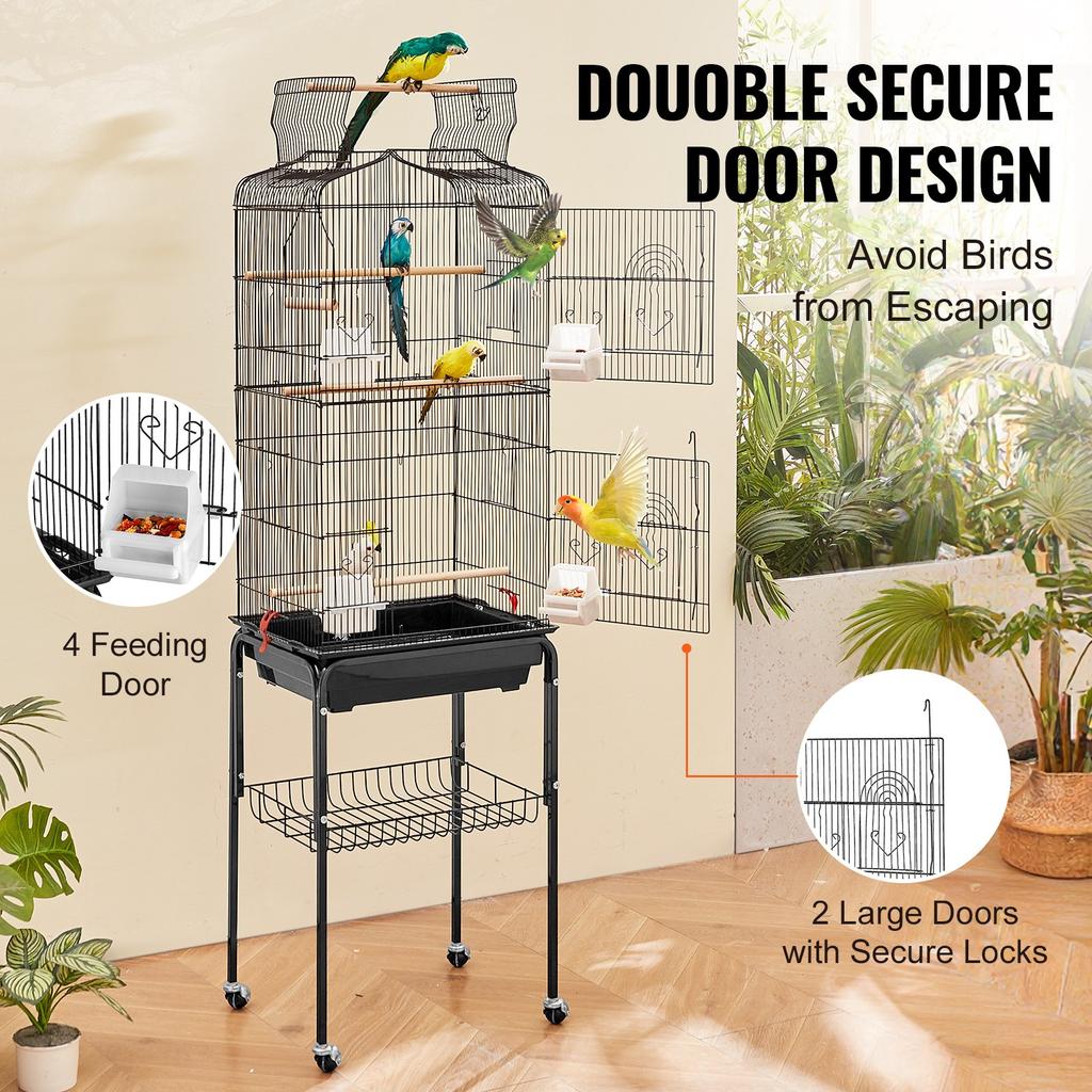 VEVOR Large Bird Cage, 62 In, Open Top Parakeet Cage with Rolling Stand, Steel Bird Flight Cage with Removable Tray, Budgie Birdcage with 4 Perches