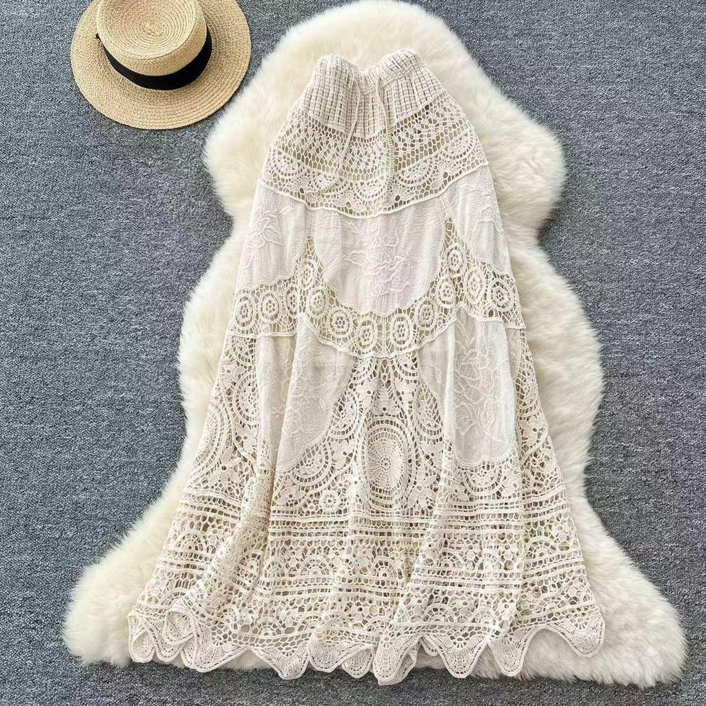 Bohemian Crochet High-Waist Hip-Hugging Midi Skirt for Women