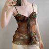 Top Canotta da Donna Estiva con Spalline Sottili, Stampa Floreale Paisley, Rete Trasparente, Nodo Frontale, Vestibilità Aderente