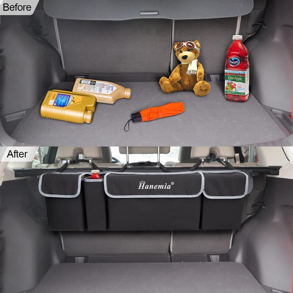 Car Trunk Organizer and Storage, Backseat Hanging Organizer for SUV, Truck, MPV, Waterproof, Collapsible Cargo Storage Bag with 4 Pockets, Car
