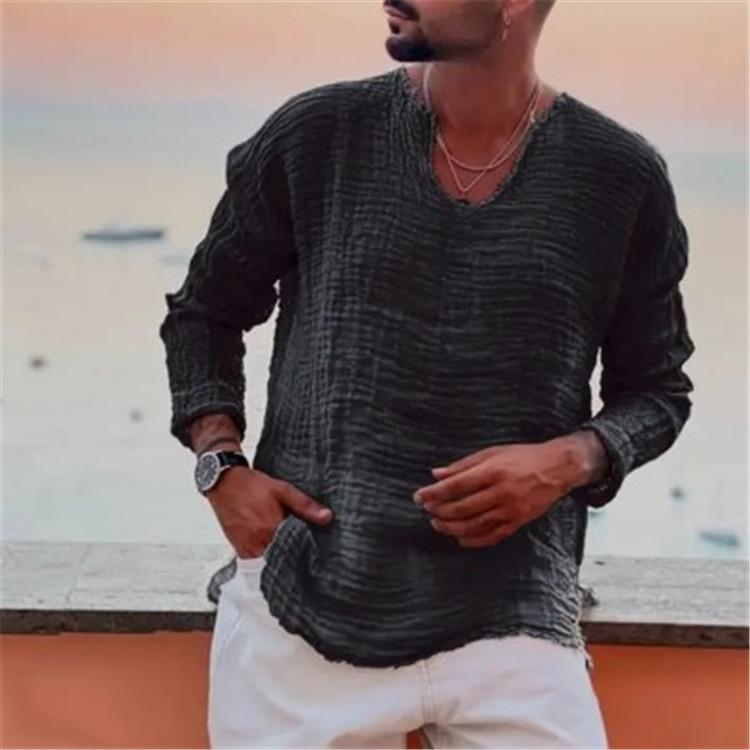 Pánské košile s výstřihem do V s dlouhým rukávem Ležérní košile topy Burr Edge Skládaný Jednobarevný Volný střih Tenký pulovr Topy Streetwear
