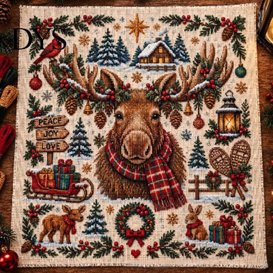 Handmade Christmas Decoration Projects Animal Cross Stitch Kit, Holiday Embroidery Starter Seasonal Present for Friends Pattern, Festive Craft