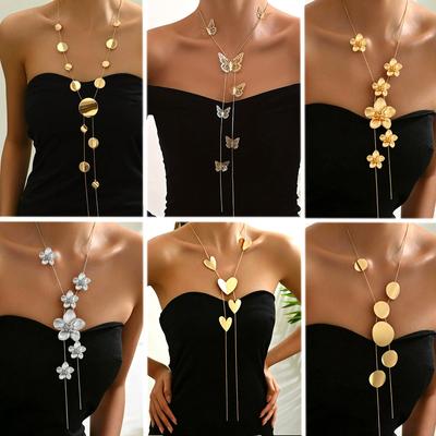Collar Largo para Mujer, Joyería de Temperamento de Moda, Joyería de Cadena Geométrica Flor Amor