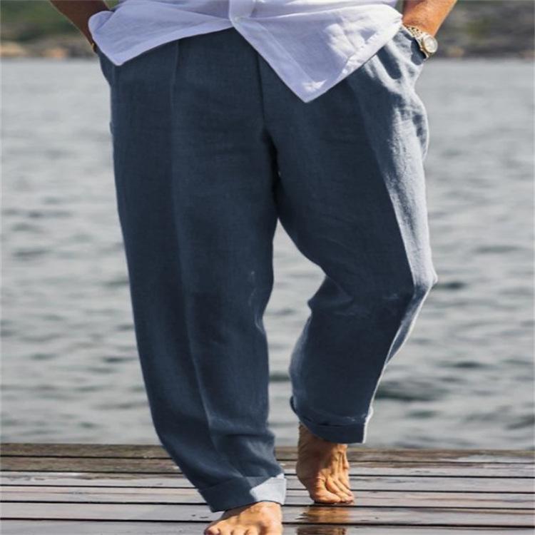 

Мужские льняные брюки молодежные прорезные карманы однотонные свободные повседневные удобные дышащие брюки для активного отдыха M тёмно-синий