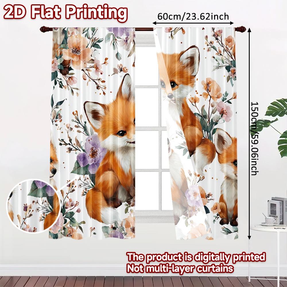 2pcs, 2D FLAT PRINTING Curtains (Without Rod) Fox Pattern Christmas Festival Popular Curtains&Drapes Durable Polyester Fabric