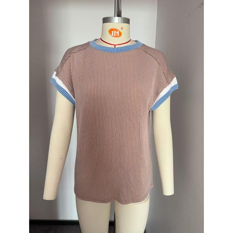 Summer Round Neck Outer Seam Short Sleeved Loose Color Blocked Textured Women's T-shirts