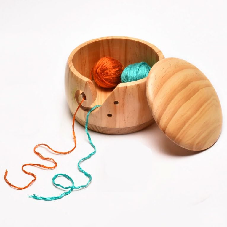 EdisonBrain Yarn Bowl with Lid, Made of Pine Wood, Dustproof, for Knitting, Crocheting, Yarn Storage, and Sewing (Natural)