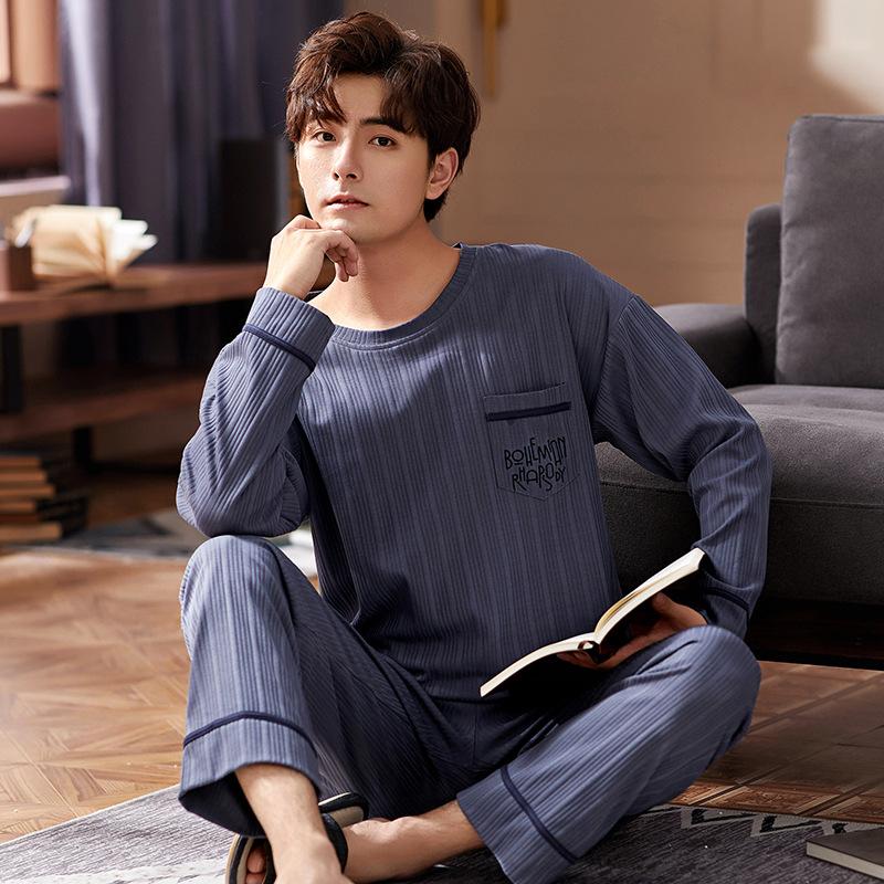 Cotton Nightwear for Men 2 Pieces Set Pajamas Spring Long Sleeves Sleeping Tops Trousers Sleepwear