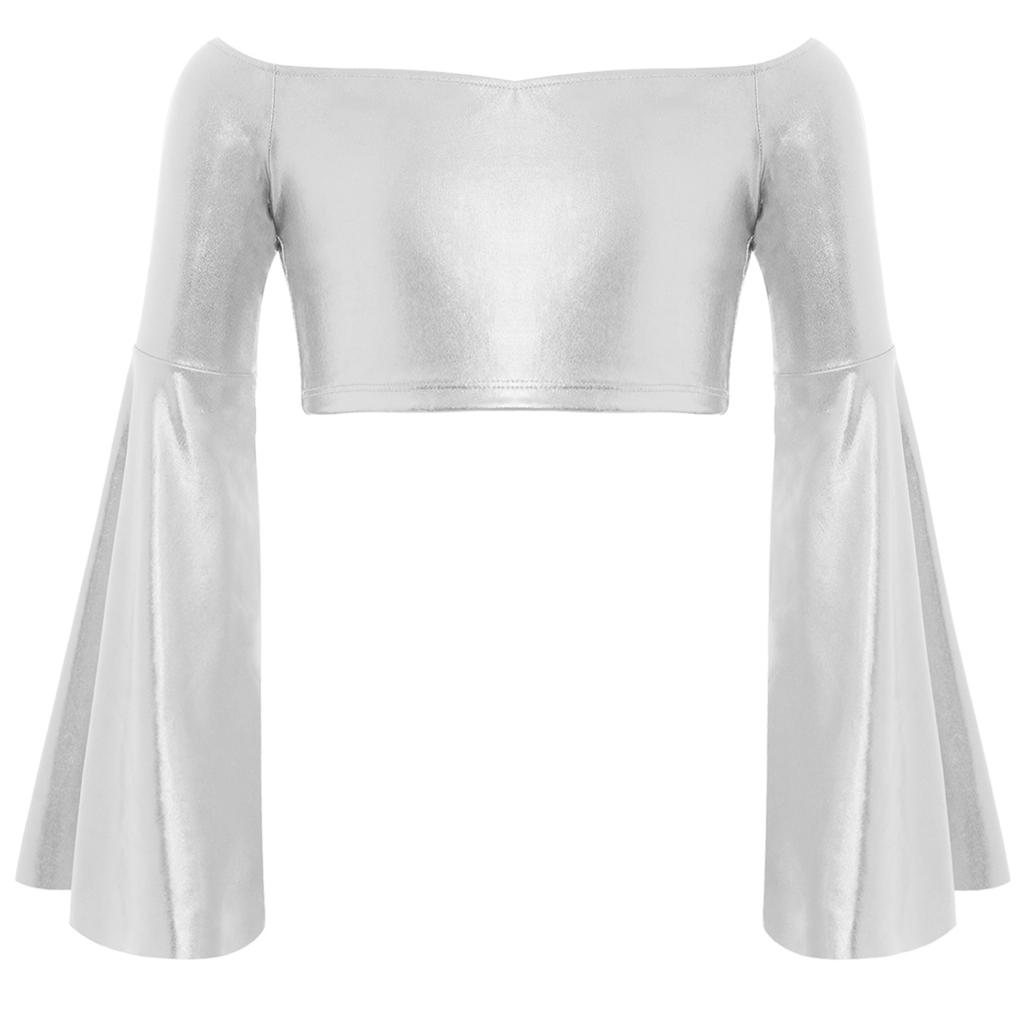Flickors Prestanda Crop Top Lång Utställd Ärm Off Shoulder Metallisk Design Födelsedagsfest Toppar