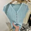A Stylish V-neck, Hollowed-out Short-sleeved T-shirt for Women, A New Summer Thin Knitted Top That Is Slimming and Flattering