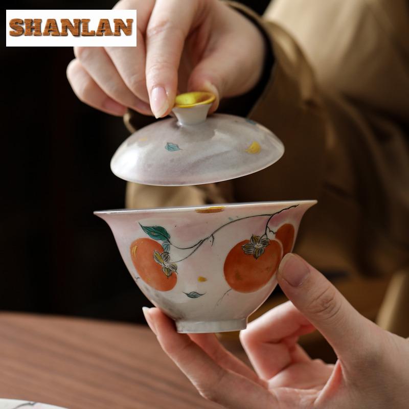 Hand-painted Persimmon Gaiwan Luxury Tea Tureen Tea Bowl With Lid Kit Tea Maker Cover Bowl Kung Fu Tea Set Accessories Gift