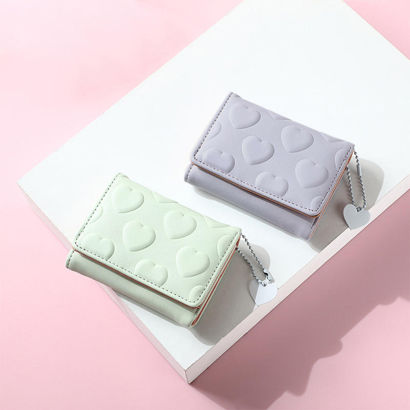 Women Cute Heart Embossed Slim Leather Wallet Small Trifold Wallet Cash Pocket Card Holder with ID Window