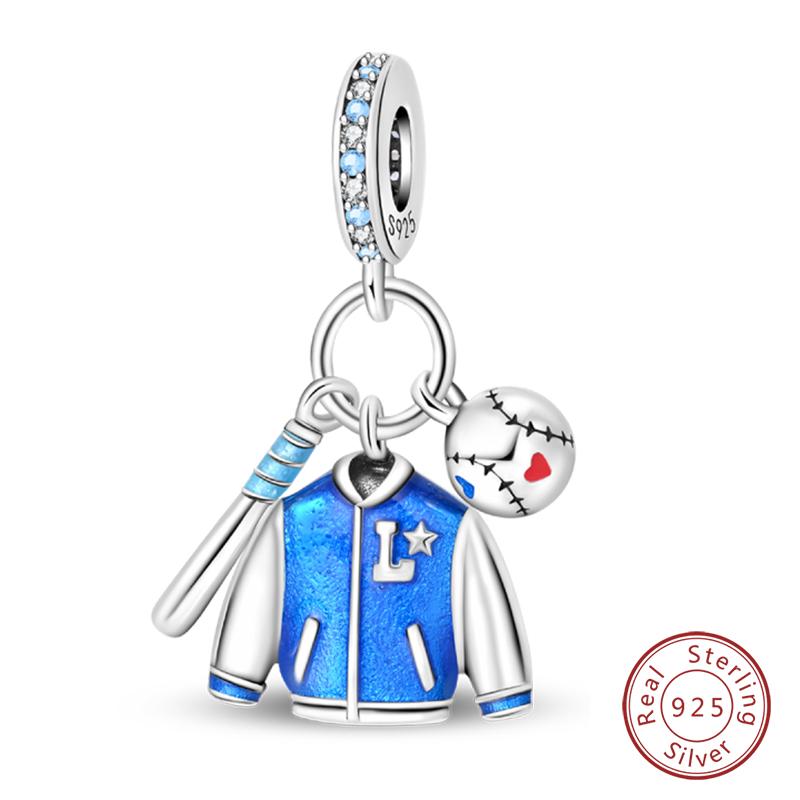 Original 925 Silver Sports Charm Beads Dumbbell Badminton Football Baseball Pendant For Bracelet Jewelry