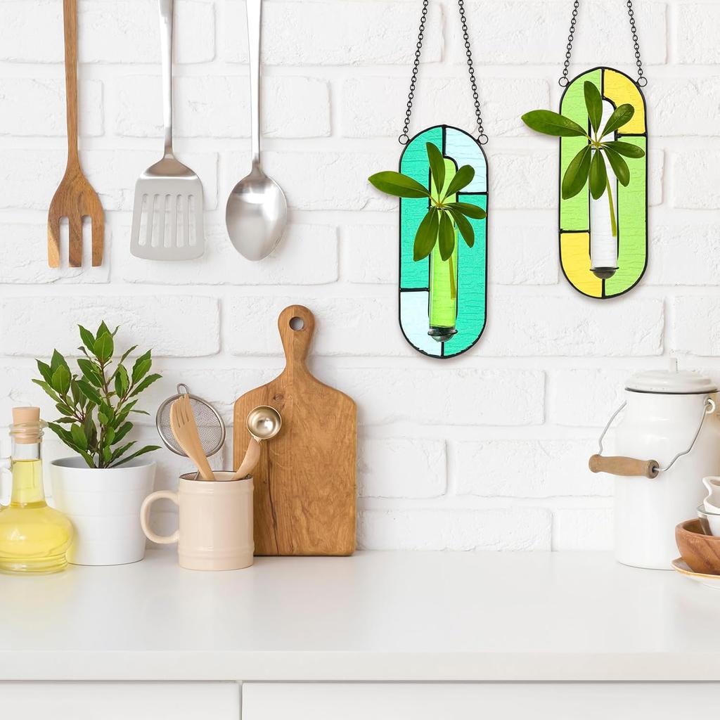 2 Sets Stained Glass Plant Propagation Station with Glass Tubes and Chain Hanging Terrarium Wall Plant Holder Decor for Living Room Window