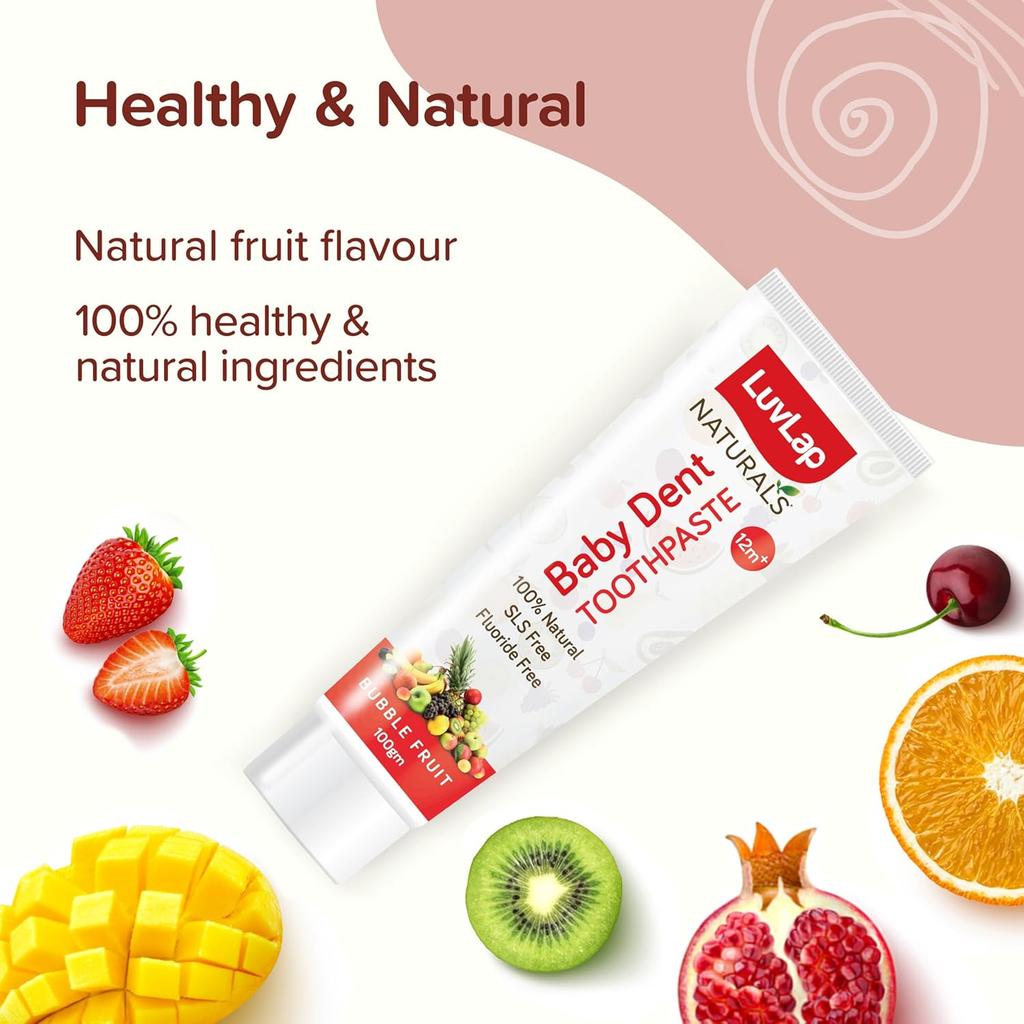 LuvLap Naturals 100% Natural Baby Toothpaste Bubble Fruit Flavour Fluoride Free Toddler Kids Dental Care 100g Pack of 1