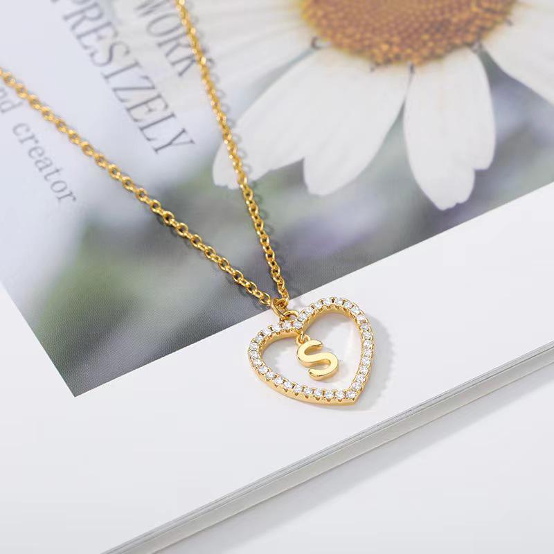 Heart Pendant Zircon Letter Necklace - 26 Letters Available