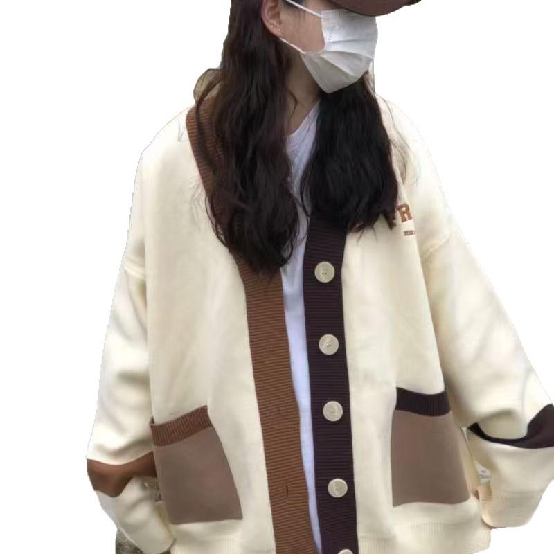 Japan and South Korea large size contrasting cardigan sweater women wear loose ins college style lazy gentle knitted jacket in autumn and winter