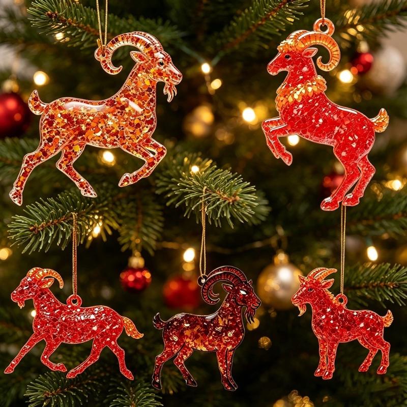 2D Acrylic Glitter Goat Pendant Creative Animal Christmas Ornament for Xmas Tree New Year Party Decoration