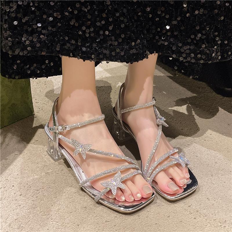 Rhinestone butterfly temperament sexy high heels 2025 women's new summer fashion one-word buckle stiletto sandals