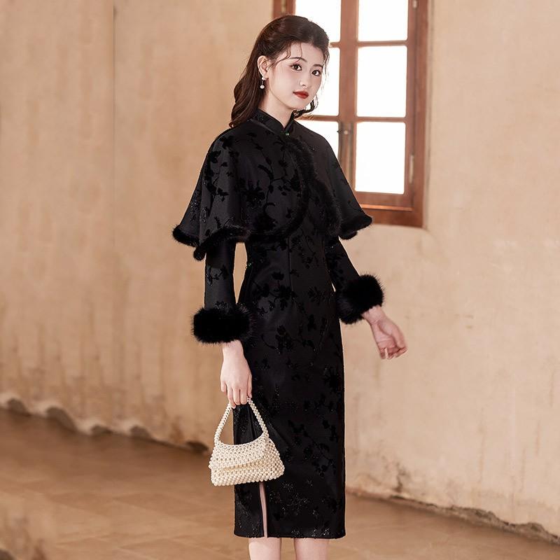Black Fleece-Lined Modern Chinese Style Long Sleeve Cheongsam Dress With Shawl Winter Women Vintage Elegant Outfit