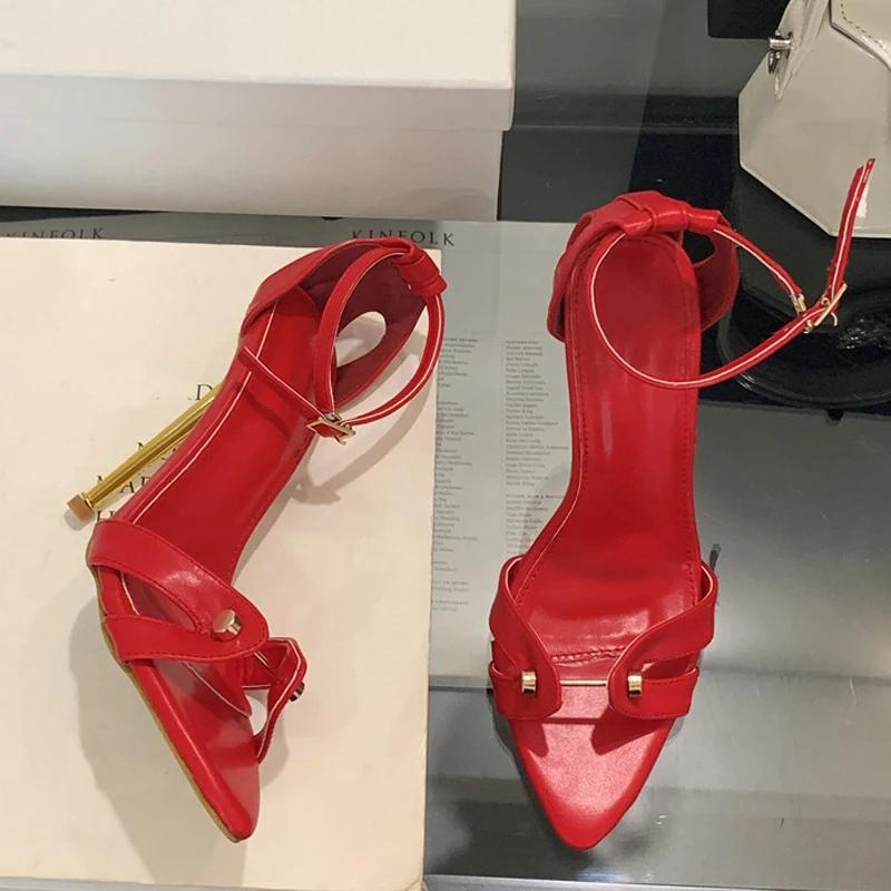 Metal Decoration Lace-Up Pointed Toe Thin High Heel Women Sandals Fashion Dress Shallow Mouth Narrow Band Stripper Pumps Size 41