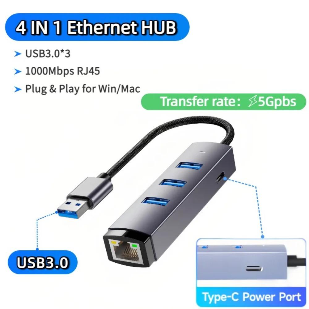 

4 in 1 Drive Free USB Hub Plug Play Multi-Port USB to Ethernet Adapter USB 3.0 Ethernet Adapter Laptop