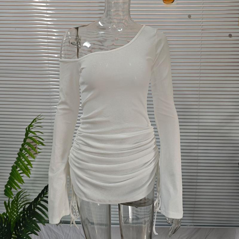 European and American spring and summer slanted shoulder long sleeved hooded dress, sexy perspective pleated dress for women