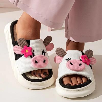 Fashion Women Cute Cartoon Cow Linen Slippers Spring Anti-slip Slides Couples Home Non-slip Flip Flops Casual Slip On Platform Slippers