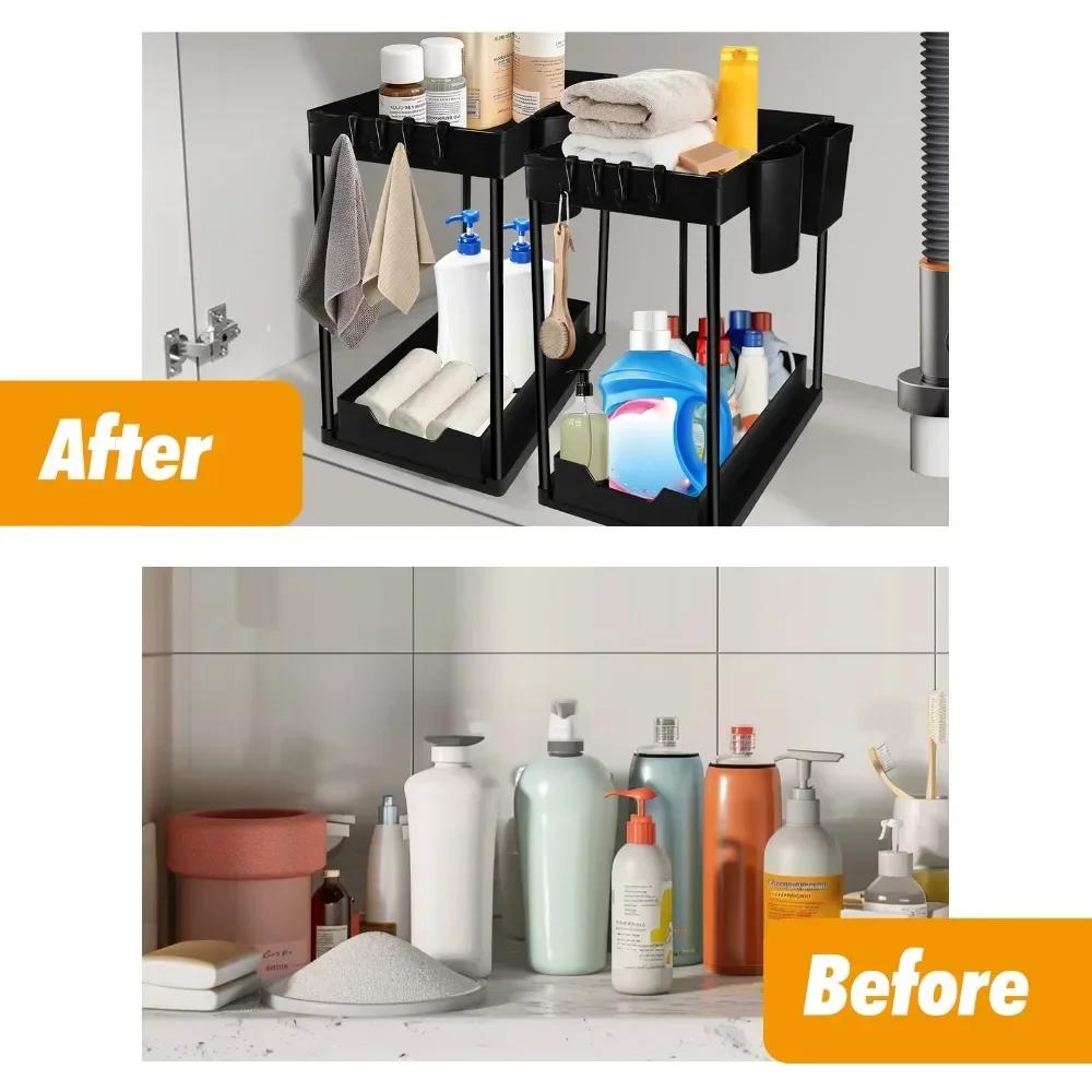 2 Tier Under Sink Storage Kitchen Organiser Sliding Storage Under Sink shelf Multi-Purpose Organisation Bottom Slide Out Basket